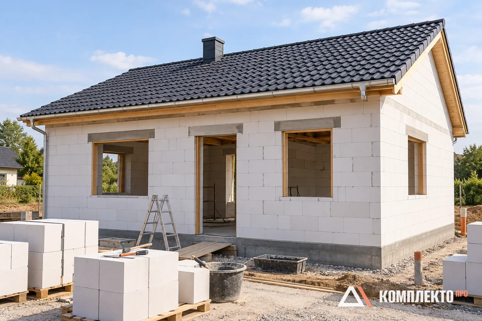 Газобетонная коробка дома с установленной кровлей