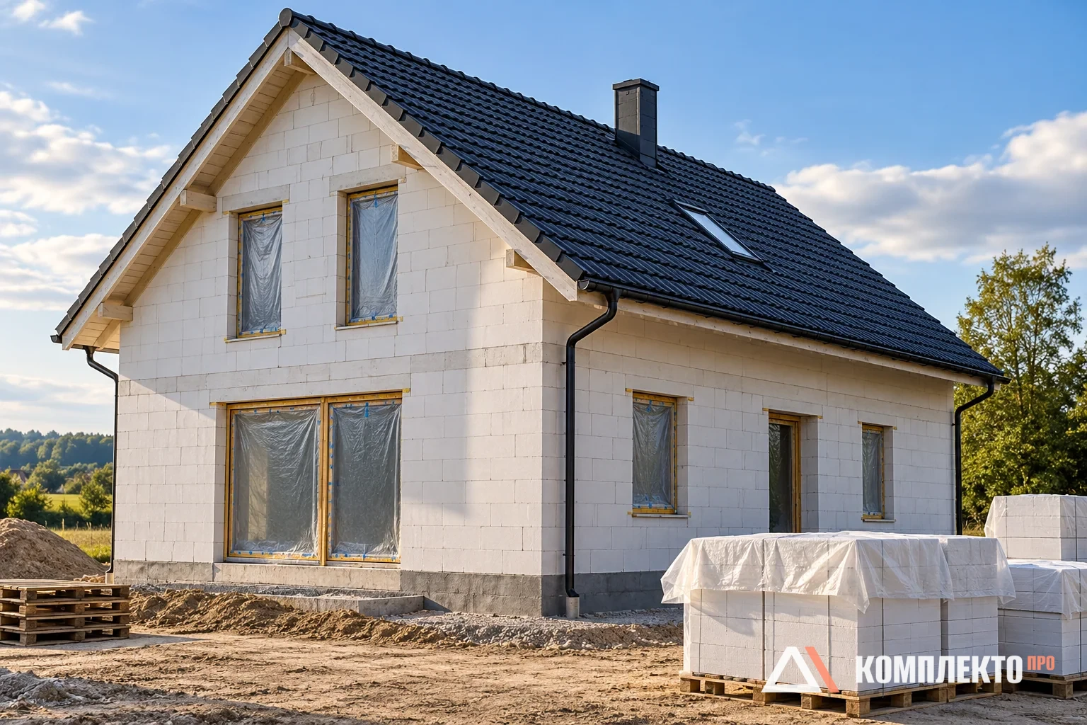 Коробка дома после устройства кровли