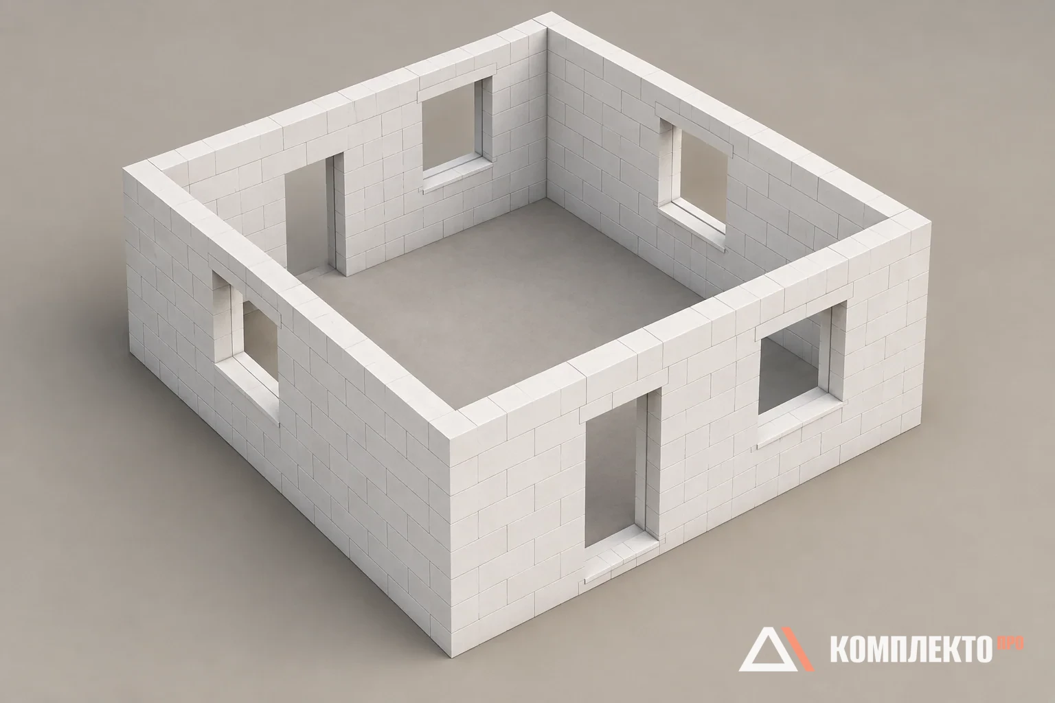 Условная коробка одноэтажного квадратного дома из газобетона