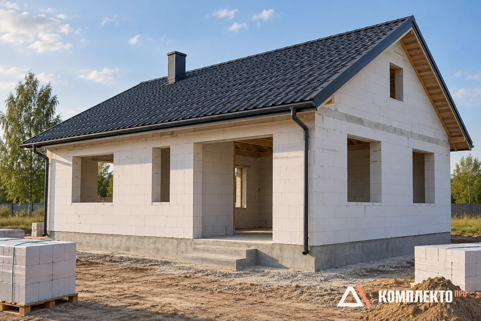 Коробка газобетонного дома с кровлей и открытыми оконными проёмами
